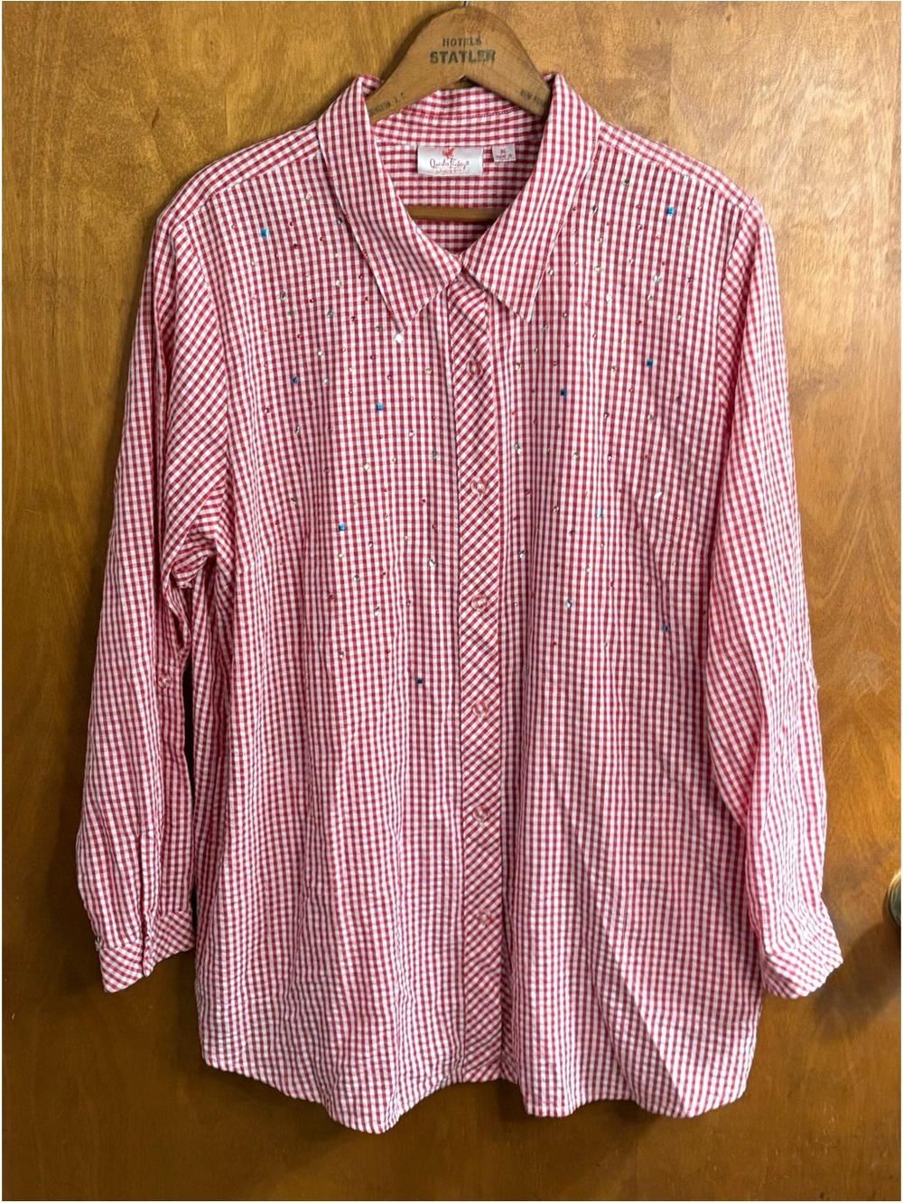 Quacker Factory Red & White Gingham Button Down Shirt XL Beaded Rhinestone Boho
